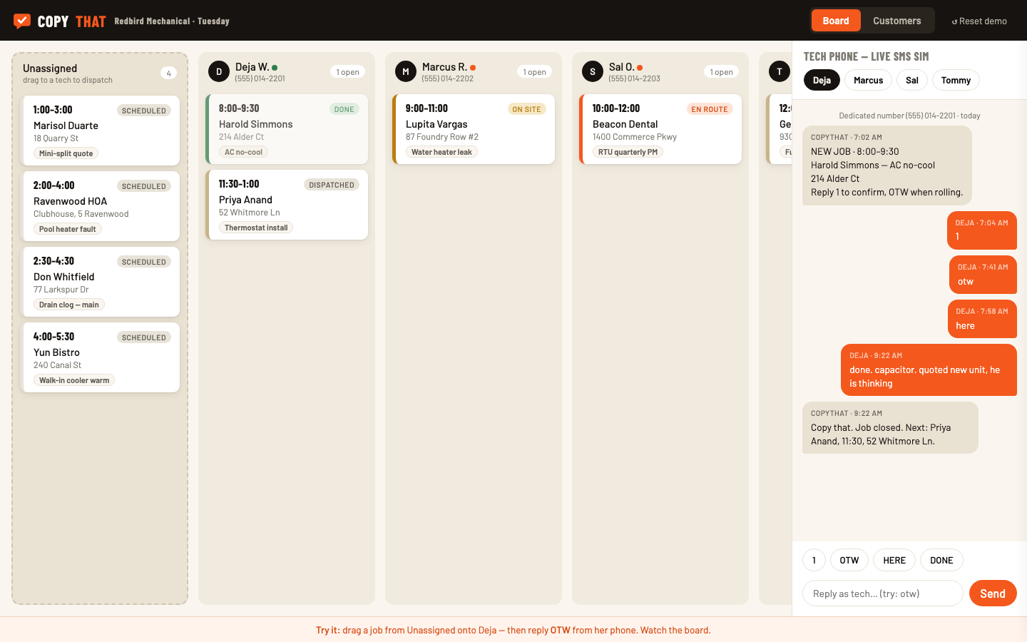 The CopyThat dispatch board: jobs in tech columns with statuses, and the live SMS thread beside the board